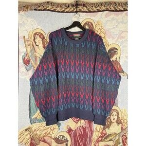 Vintage Robert Banks Sweater Mens Lg Merino Wool Crew Neck Geometric Grandpa